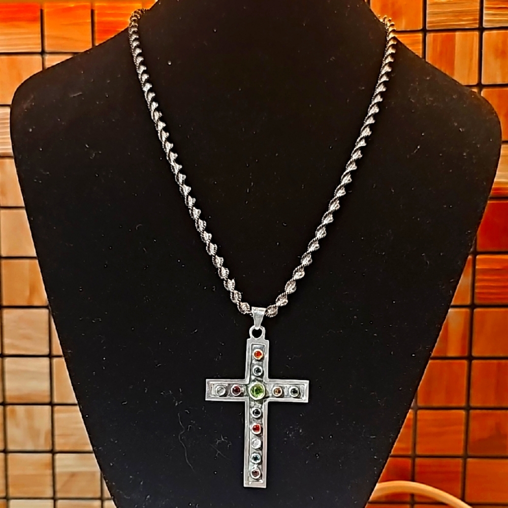 Vintage Sterling Silver Cross Pendant Necklace with Gemstones